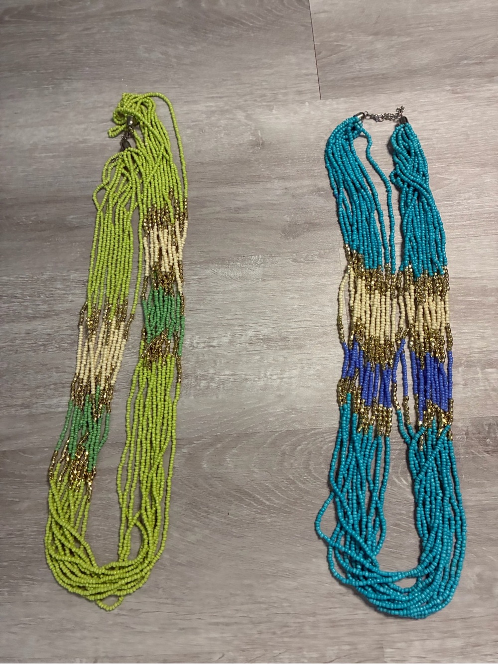 Multi-Strand Beaded Necklaces in Lime Green and Turquoise Blue